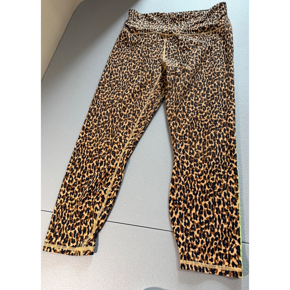 Fabletics PowerHold Leopard Print Leggings Neon Green Stitching Cropped Womens